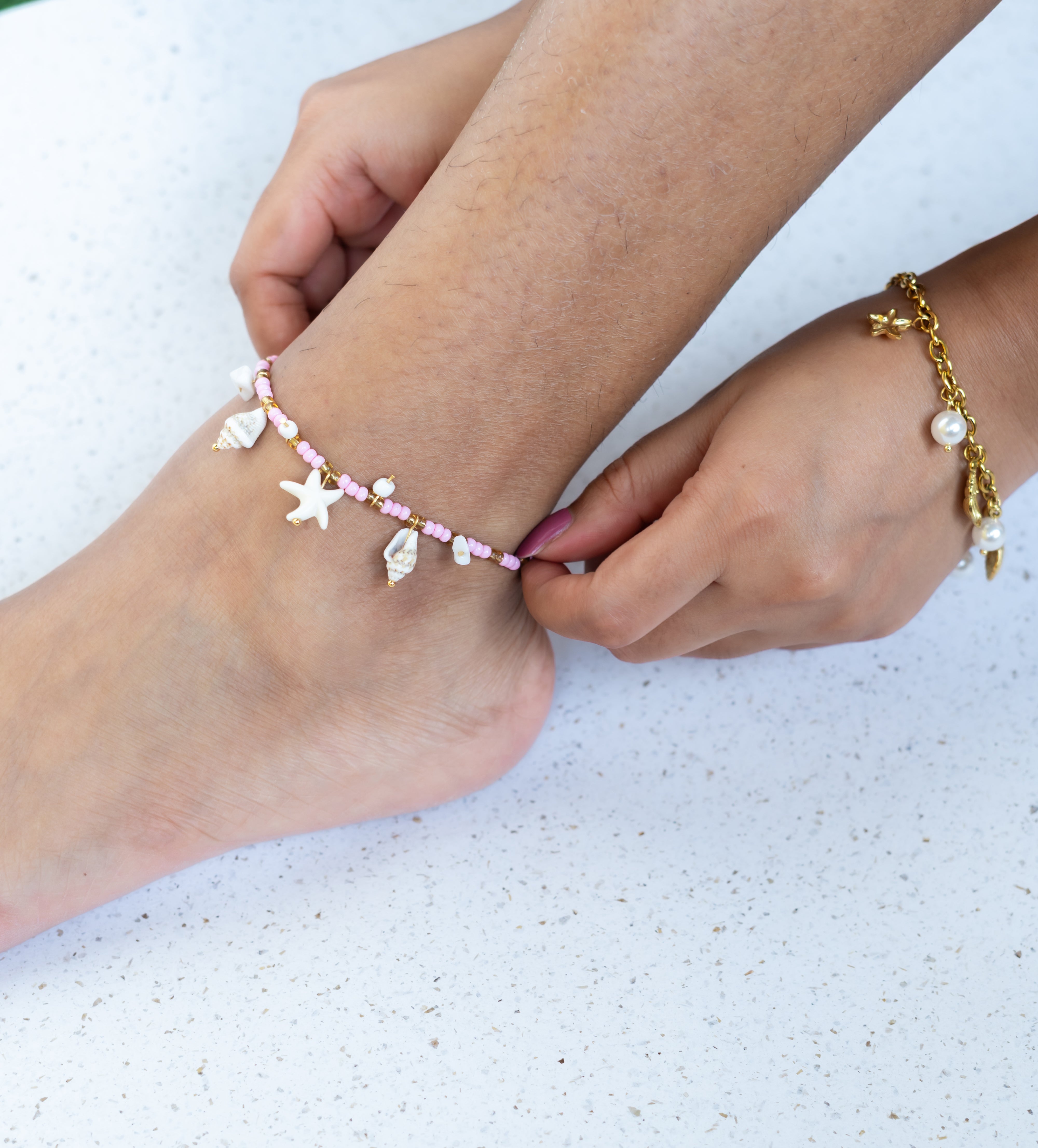 Seafoam Beaded Anklet (Pink)